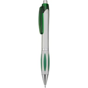 A plastic pen with a silver barrel and green accents, featuring a clip and grip sections. It has a logo on it.