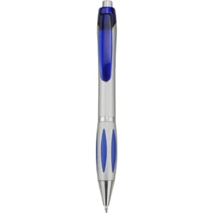 A plastic pen featuring a silver and blue design, with a transparent blue grip and a logo on the barrel.