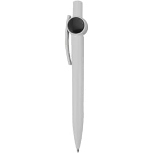 A plastic pen in a sleek white design with a unique circular clip and a logo on the body.