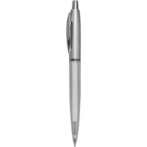 A plastic pen with a silver body and a transparent grip, featuring a clip and a logo.