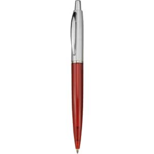 A plastic pen with a red barrel and silver accents, featuring a clip and a ballpoint tip.