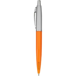 An orange plastic pen with a silver clip and tip, featuring a logo on the barrel.