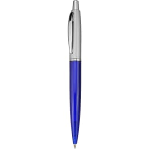 A blue plastic pen with a shiny silver clip and tip, featuring a logo on the body.