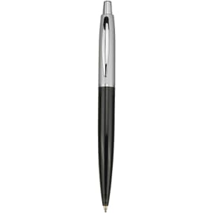 A plastic pen in black with a shiny silver clip and tip, featuring a branding logo.