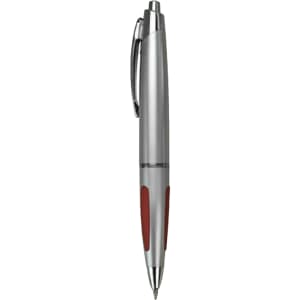 A silver pen with red accents and a clip, featuring a logo.