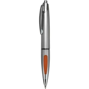 A silver plastic pen with an orange grip, featuring a clip and a branding logo.