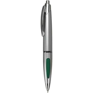 A metal pen in silver with a green grip, featuring a clip and a logo.