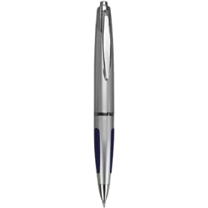 A plastic pen in silver with navy grip accents, featuring a clip and a logo.