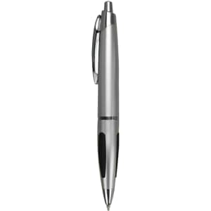 A silver plastic pen with a black grip and clip, featuring a reflective finish and a streamlined design.