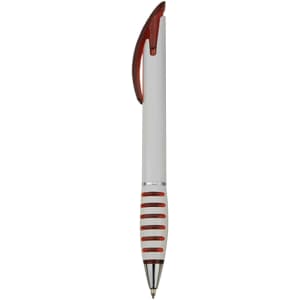 A plastic pen in white with a red grip and clip, featuring a silver accent and a logo on the barrel.