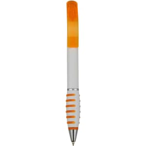 A plastic pen featuring a white body with an orange grip and cap, complemented by a silver trim. Includes a logo.