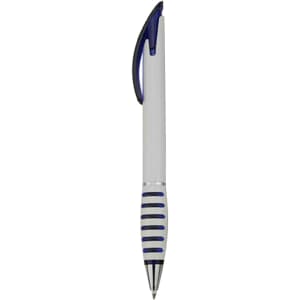 A plastic pen featuring a white barrel with blue accents and a grip, along with a branded logo.