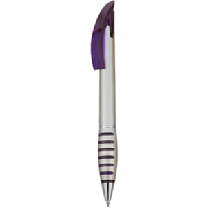 A plastic pen with a purple cap and grip, featuring a silver barrel and a logo.
