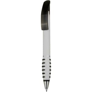 A plastic pen in white with a black grip and clip, featuring a logo.