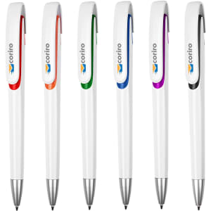 A collection of six white plastic pens with coloured accents: orange, green, blue, purple, and black. Each pen has a logo.