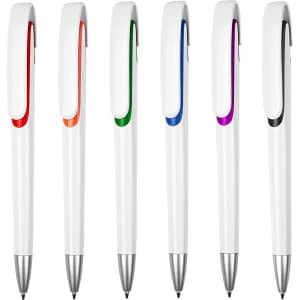 A set of six plastic pens with white bodies and coloured clips in orange, green, blue, purple, and black.