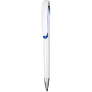 A plastic pen in white with blue accents and a silver clip, featuring a branding logo.