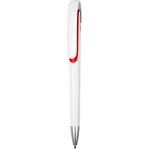A plastic pen in white with a red accent and silver tip. The pen features a clip and has a logo.