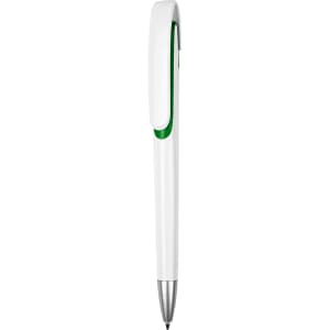 A plastic pen in white with a green accent and a silver tip. The pen has a clip and smooth design.