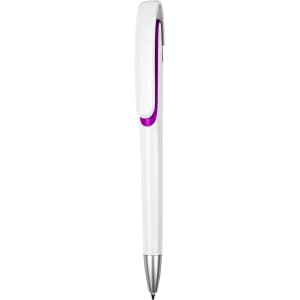A plastic pen in white with a purple accent and a silver tip, featuring a logo on the side.