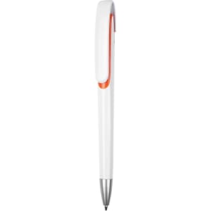 A sleek white plastic pen with an orange accent and a metallic tip, featuring a clip and smooth design.