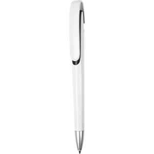 A white plastic pen with a silver tip and a clip, featuring a logo on the body.