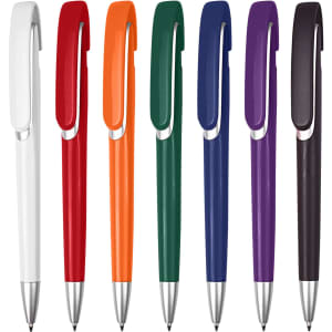 A collection of plastic pens in red, orange, green, blue, purple, brown, and white, each with a branding logo.