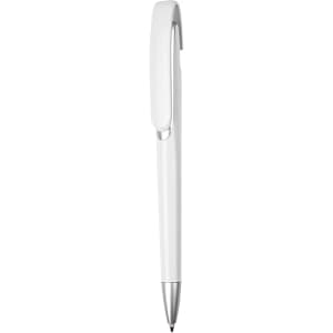 A white plastic pen with a silver clip and tip, featuring a sleek design and a branding logo.