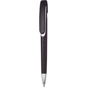 A plastic pen in a dark purple colour with a silver clip and a sleek design. Features a logo on the clip.