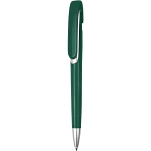 A plastic pen in a rich green colour with a sleek design and a clip. It features a logo on the barrel.