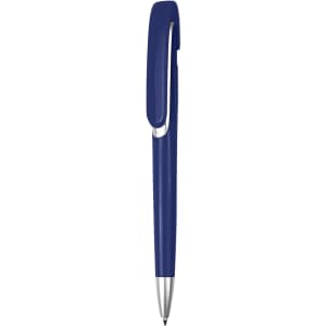 A blue plastic pen with a sleek design and a clip for easy attachment. Features a logo on the body.
