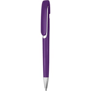 A purple plastic pen with a smooth finish and a clip, featuring a simple design and a logo.