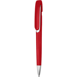 A red plastic pen with a sleek design and a clip, featuring branding on the barrel.