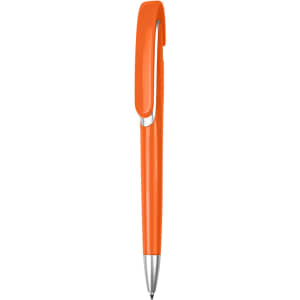 An orange plastic pen with a smooth finish and a clip for attachment. It features a silver accent near the tip.