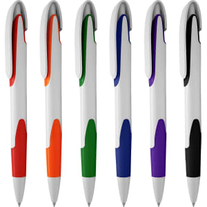 A collection of six plastic pens in orange, green, blue, purple, and black, each with a white body and a logo.