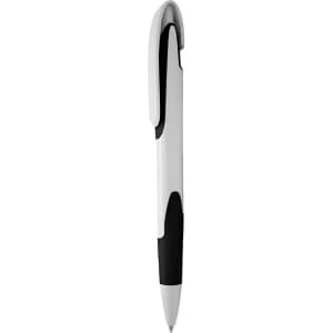 A plastic pen in white with black accents, featuring a clip and a smooth writing tip.