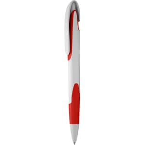 A plastic pen in white with red accents, featuring a clip and a smooth barrel design.