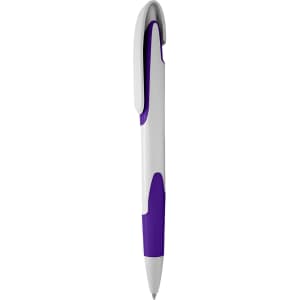 A plastic pen featuring white and purple colours, designed with a clip and a sleek, modern shape.