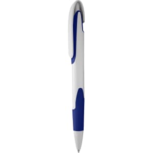 A plastic pen featuring a white body and blue accents, with a clip for easy attachment.