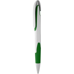 A plastic pen with a white body and green accents, featuring a clip for easy attachment.