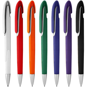 A selection of plastic pens in white, red, orange, green, purple, and black, featuring a logo on each pen.