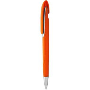 An orange plastic pen with a shiny silver clip and a smooth finish. The pen features a logo on its body.