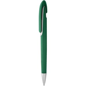 A green plastic pen with a sleek design and a silver clip, featuring a branding logo.