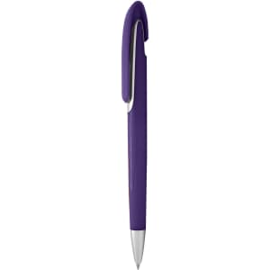 A plastic pen in vibrant purple with a silver clip and smooth design. It features a branding logo.