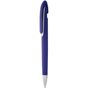 A plastic pen in a vibrant purple colour with a sleek design and a silver clip. It features a branding logo.