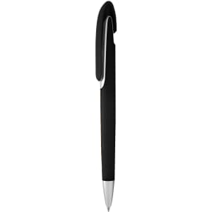 A black plastic pen with a sleek design and a silver clip. It features a logo on its surface.