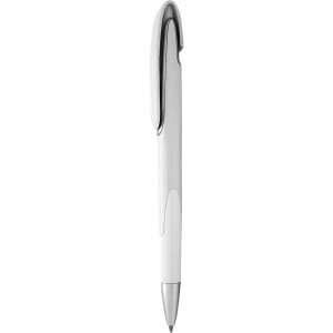 A plastic pen in white with a chrome clip and a sleek design. It features a logo on the barrel.
