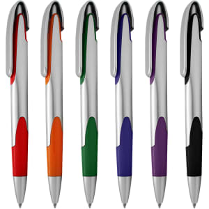 A selection of six plastic pens in orange, green, purple, blue, red, and black, with silver accents and a logo.