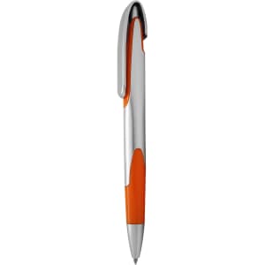 A silver and orange plastic pen with a sleek design and a clip. It features a logo on its body.