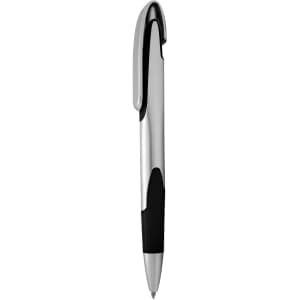 A silver plastic pen with a textured black grip and a clip for easy attachment. It features a logo.